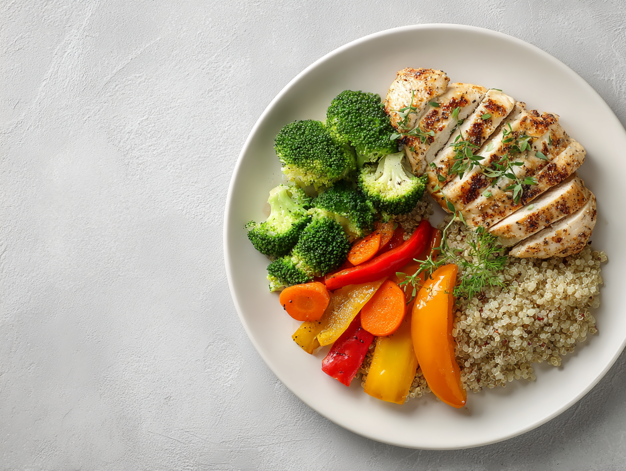 Збалансована тарілка з овочами, злаками та білком як приклад правильного планування харчування